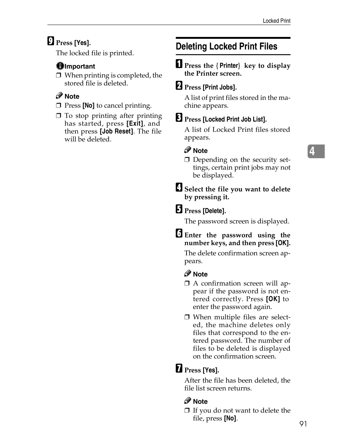 Ricoh 3030 appendix Deleting Locked Print Files, Press Yes 