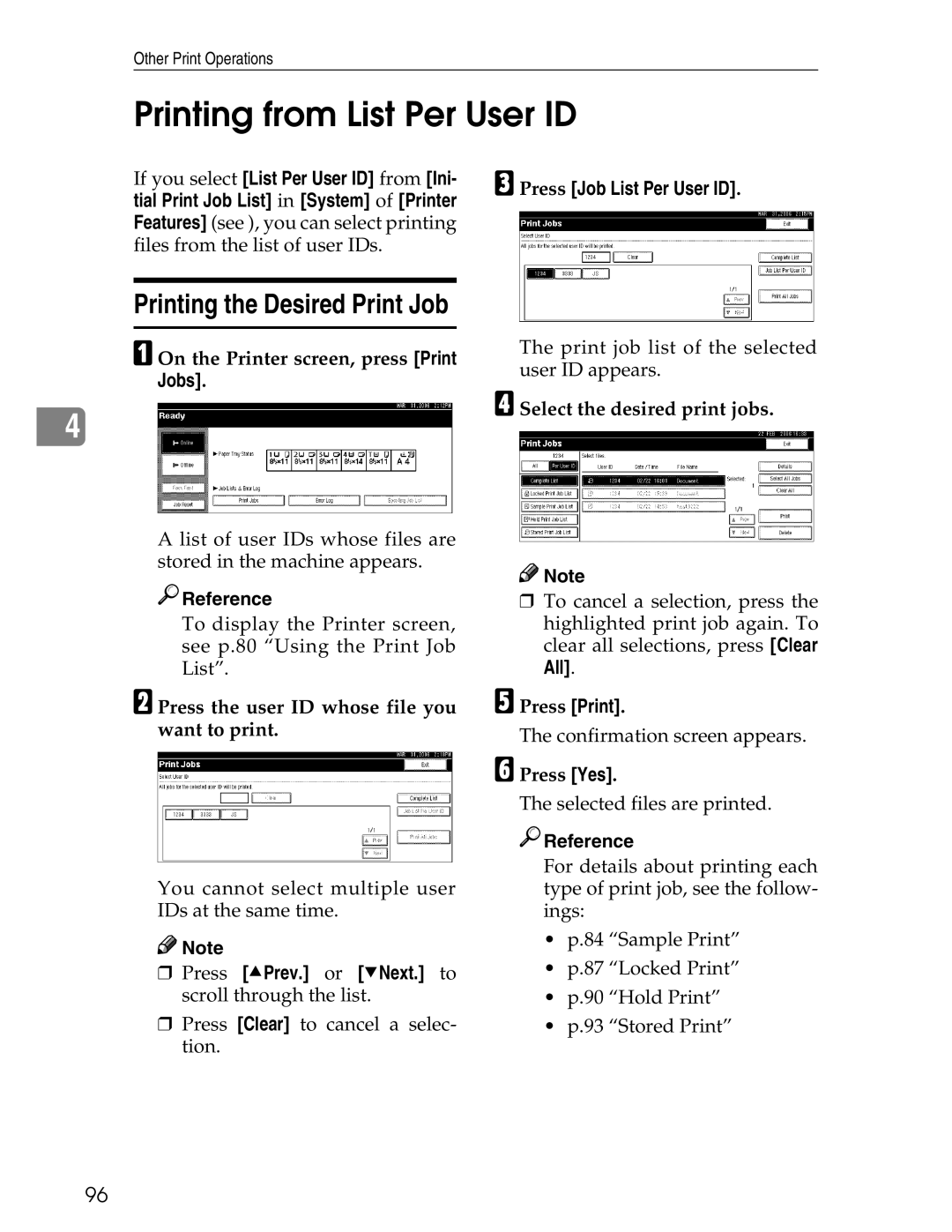 Ricoh 3045 appendix Printing from List Per User ID, On the Printer screen, press Print Jobs, Press Job List Per User ID 