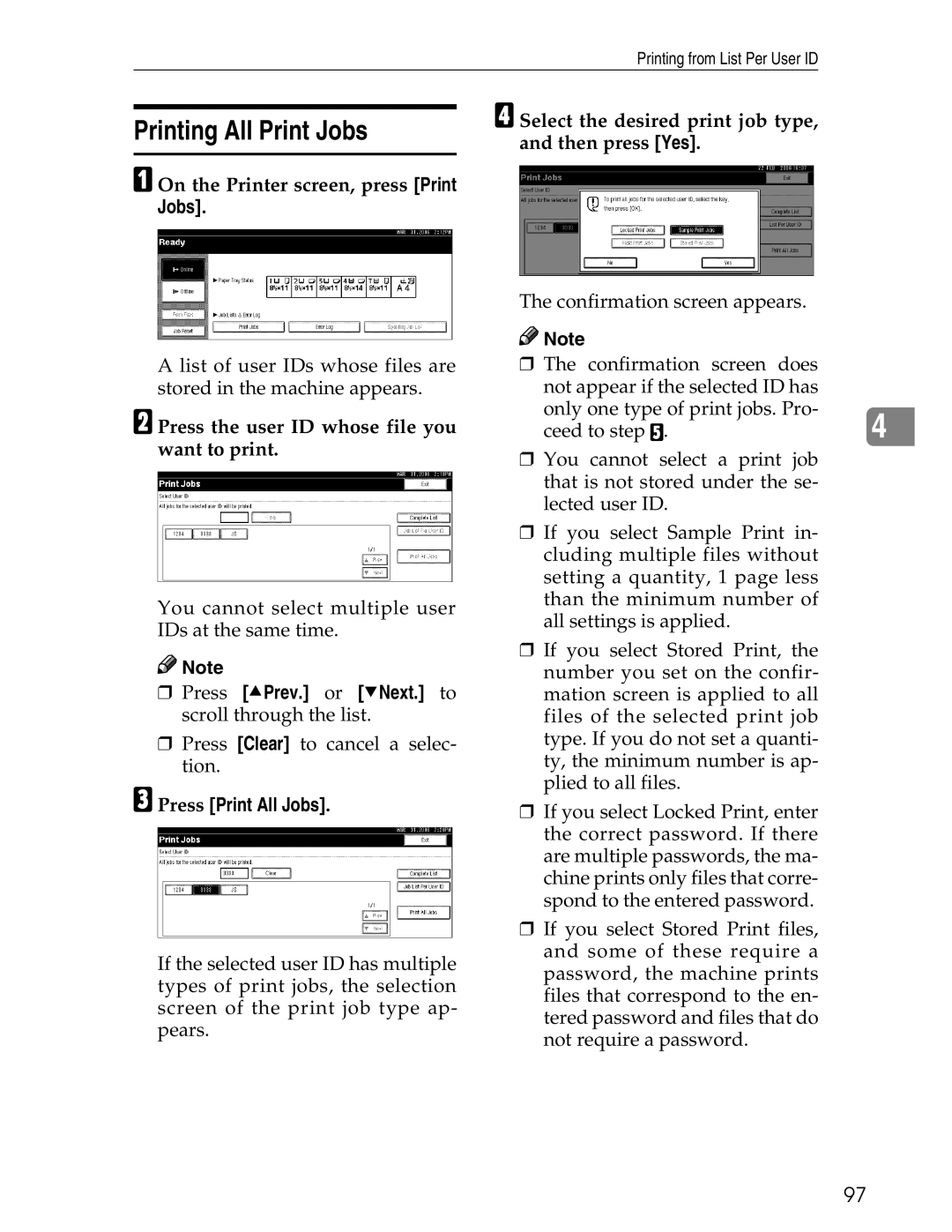 Ricoh 3045 appendix Printing All Print Jobs, Press Print All Jobs, Select the desired print job type, and then press Yes 