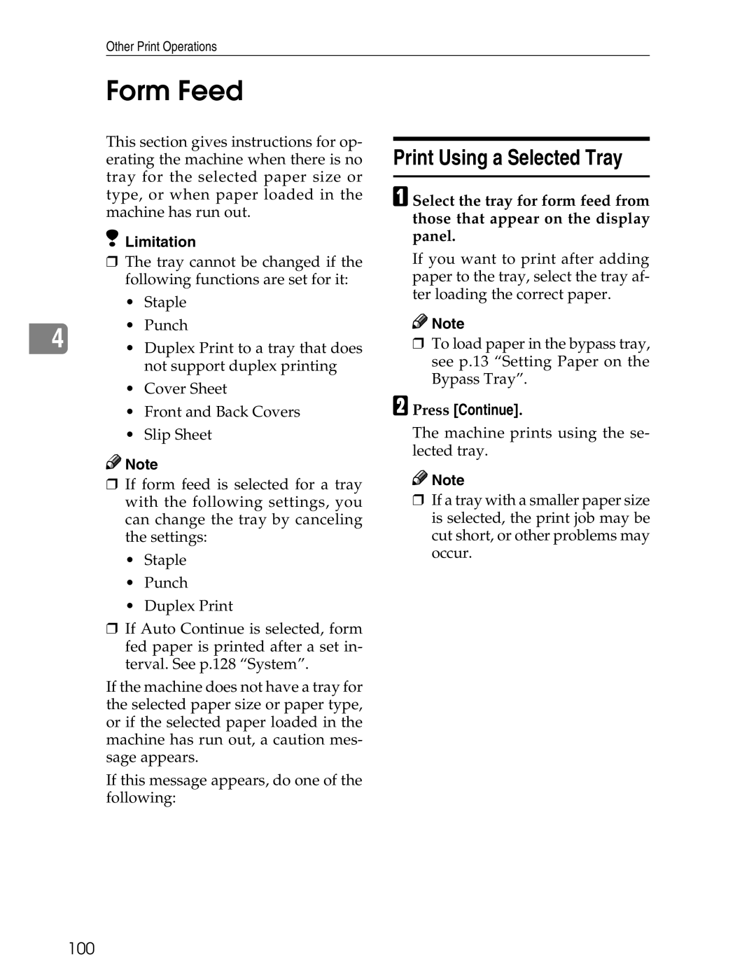 Ricoh 3045 appendix Form Feed, Print Using a Selected Tray, Press Continue, 100 