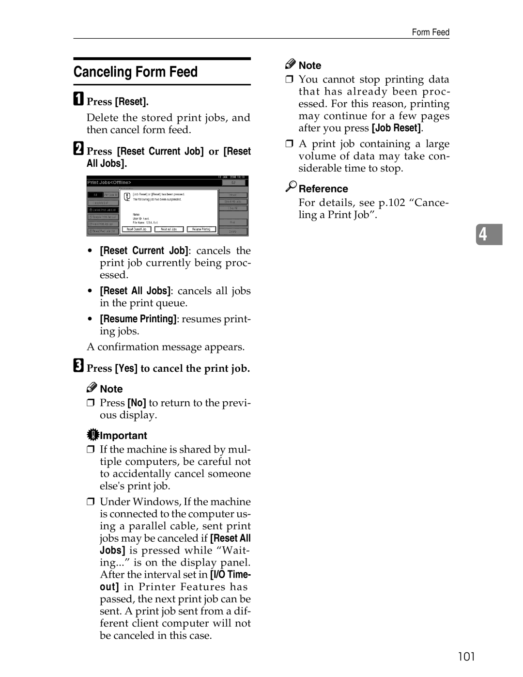 Ricoh 3045 appendix Canceling Form Feed, Press Reset, Press Yes to cancel the print job, 101 