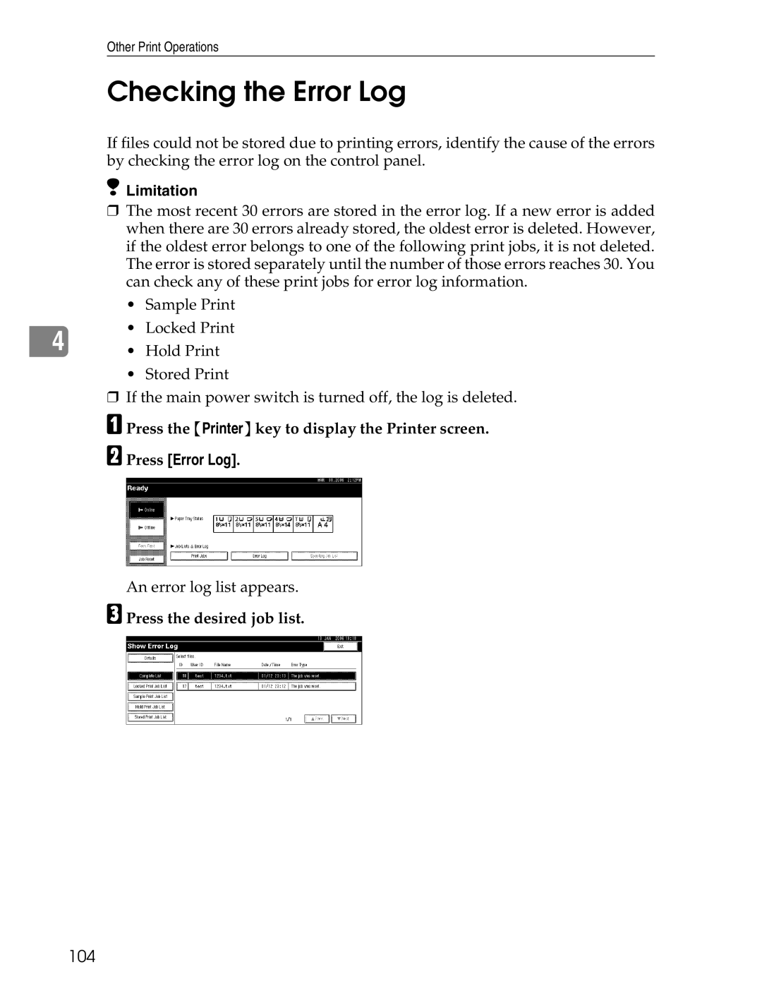 Ricoh 3045 appendix Checking the Error Log, Press Error Log, Press the desired job list, 104 