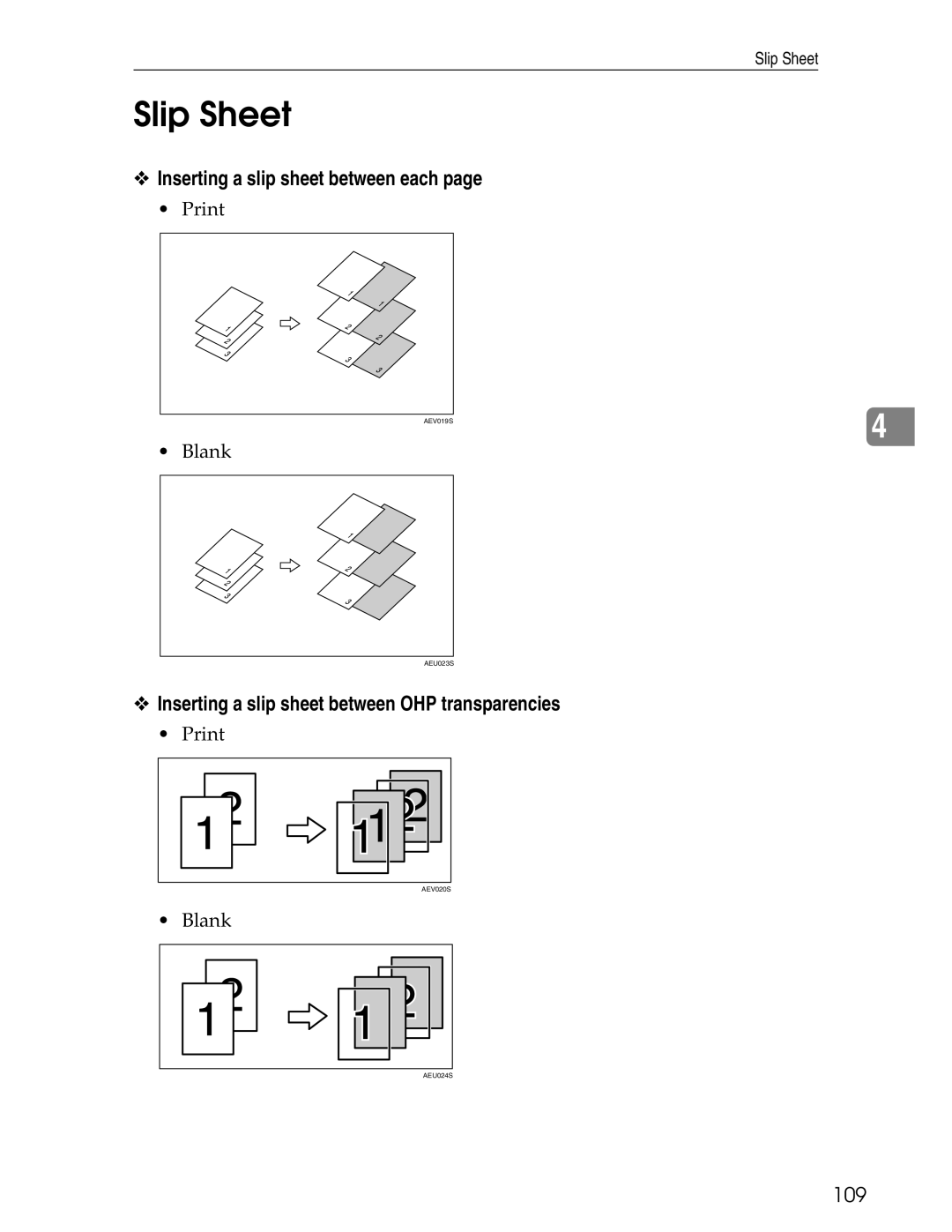 Ricoh 3045 appendix Slip Sheet, Inserting a slip sheet between each, Inserting a slip sheet between OHP transparencies, 109 