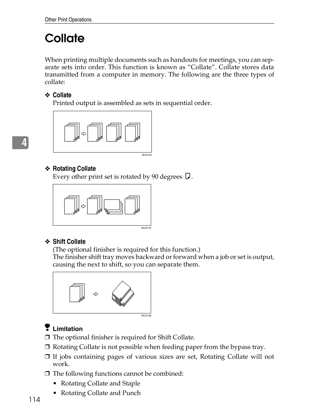 Ricoh 3045 appendix Rotating Collate, Shift Collate, 114 