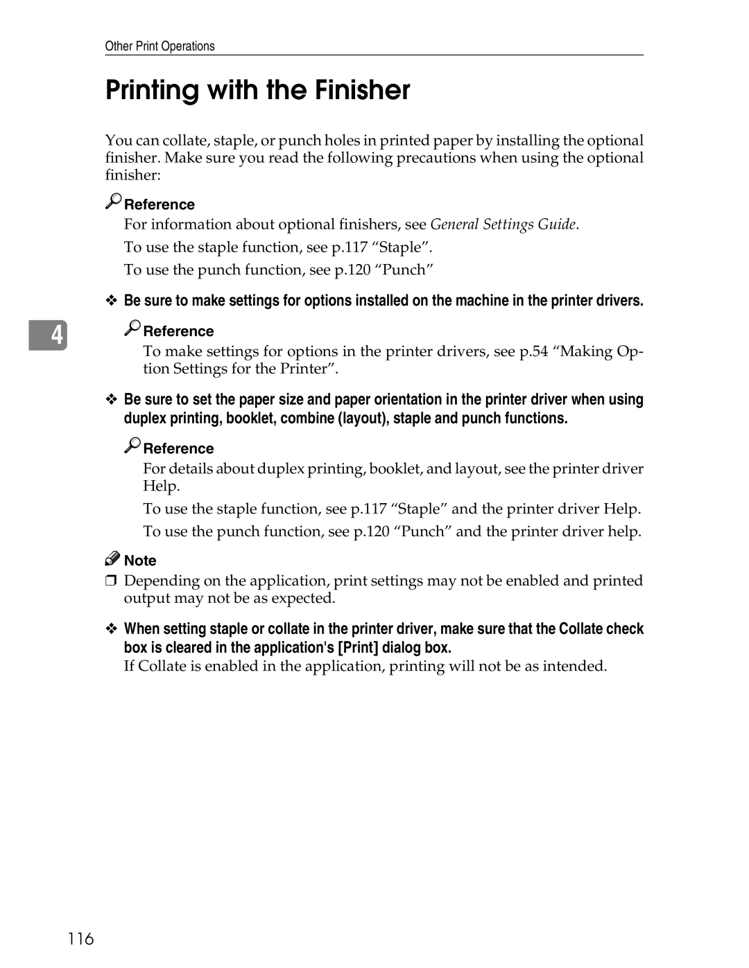 Ricoh 3045 appendix Printing with the Finisher, 116 