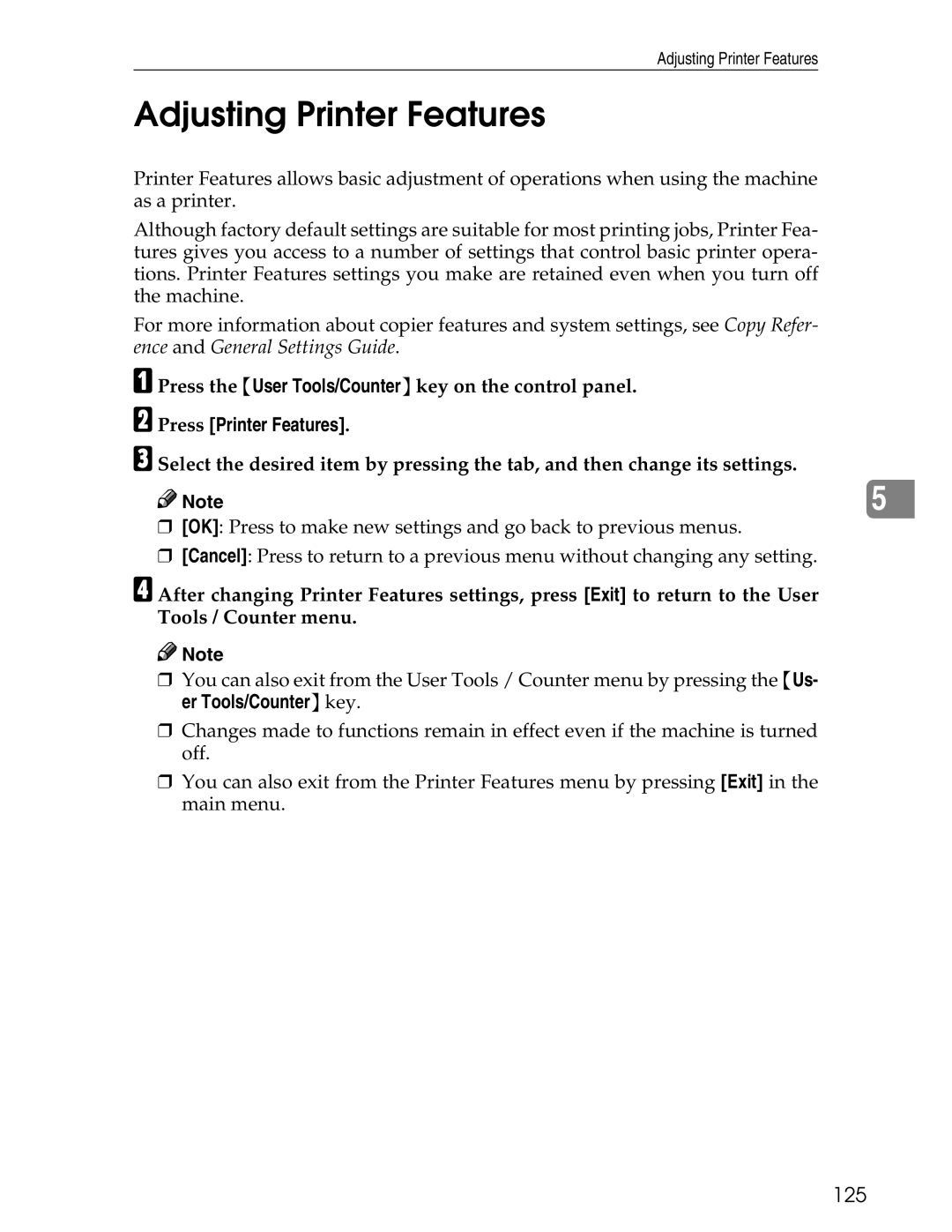 Ricoh 3045 appendix Adjusting Printer Features, Press the User Tools/Counter key on the control panel, 125 