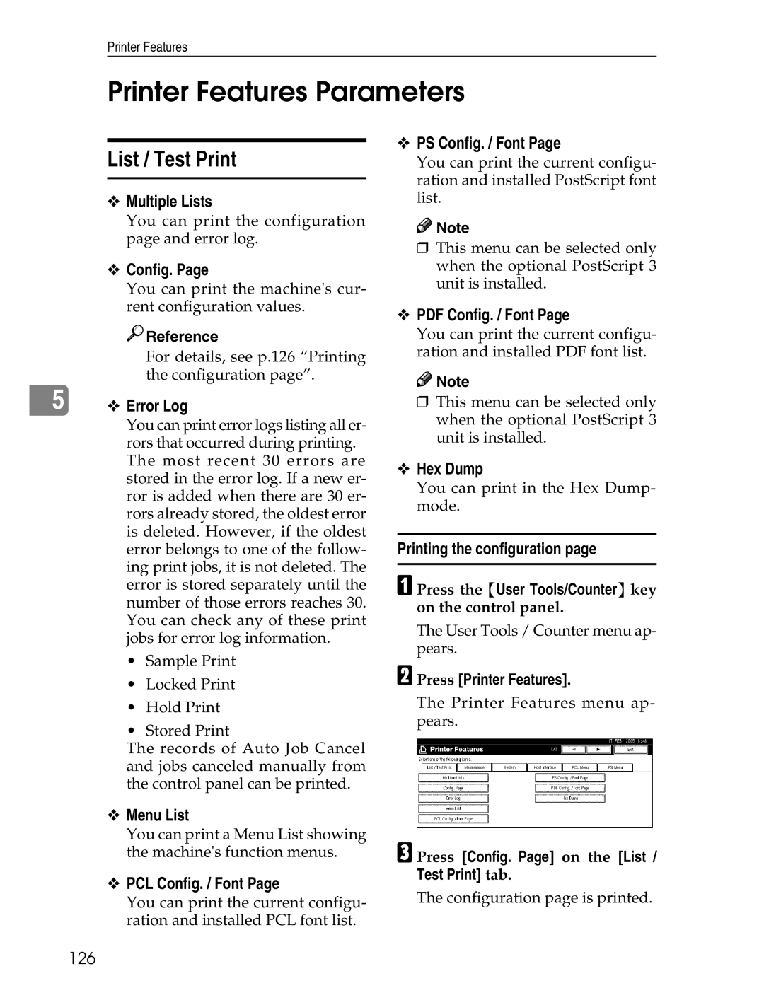 Ricoh 3045 appendix Printer Features Parameters, List / Test Print 