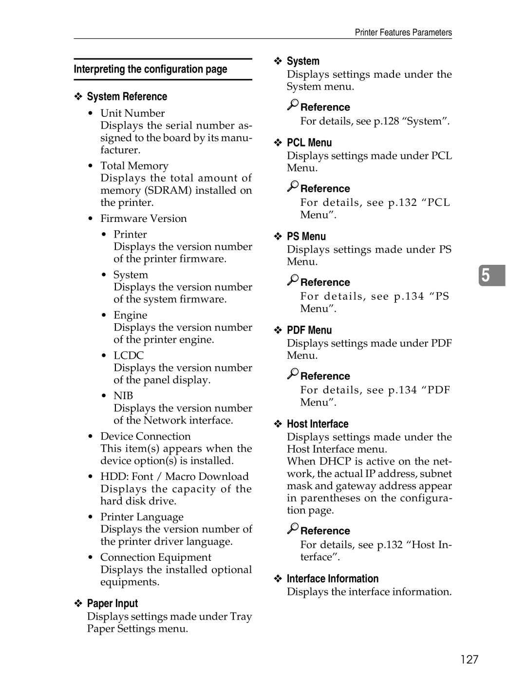 Ricoh 3045 appendix Interpreting the configuration System Reference, Paper Input System, PCL Menu, PS Menu, Host Interface 