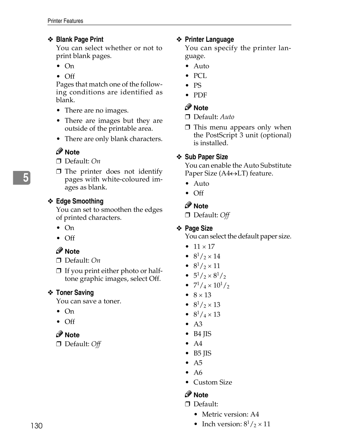 Ricoh 3045 appendix Blank Page Print, Printer Language, Sub Paper Size, Edge Smoothing, Toner Saving 