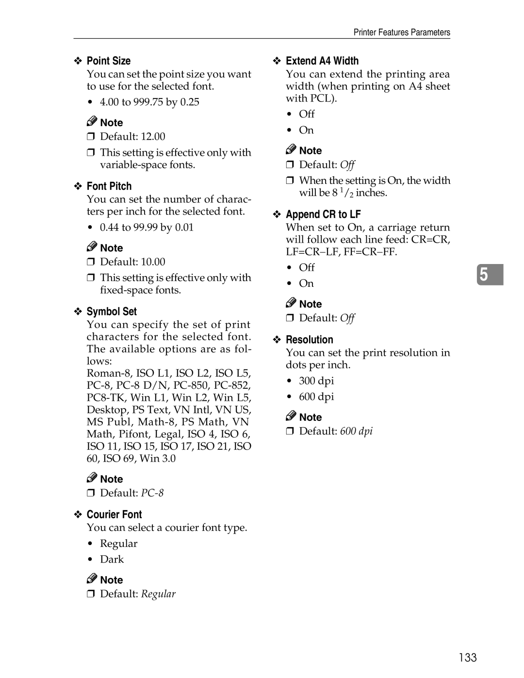 Ricoh 3045 appendix Point Size, Font Pitch, Symbol Set, Courier Font, Extend A4 Width, Append CR to LF, Resolution 