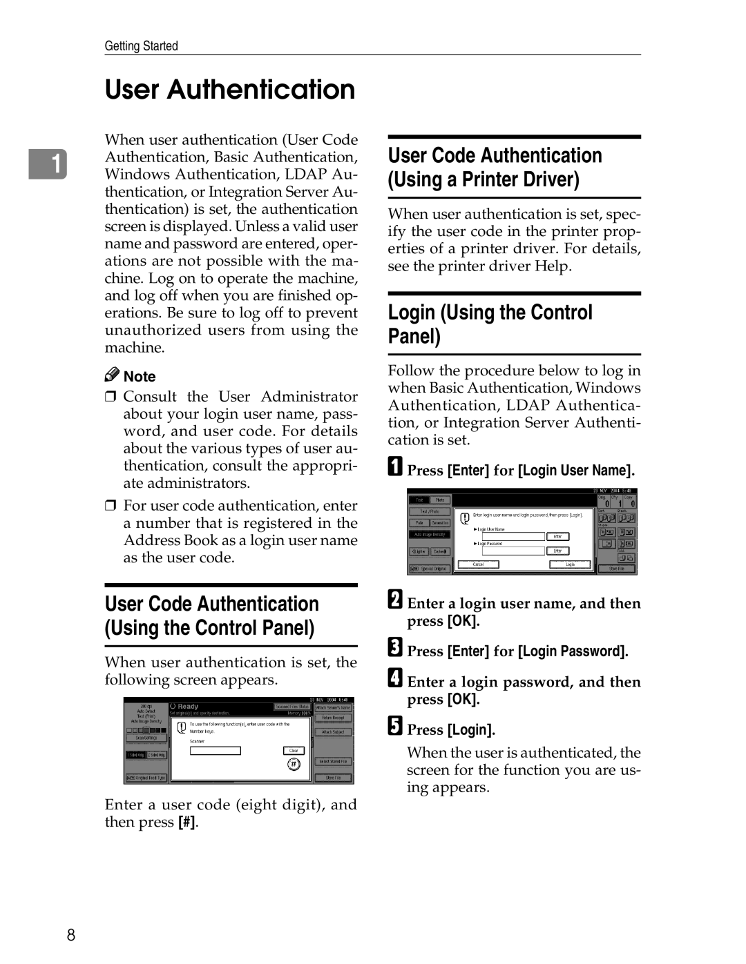 Ricoh 3045 appendix User Authentication, Login Using the Control Panel, Press Enter for Login User Name 