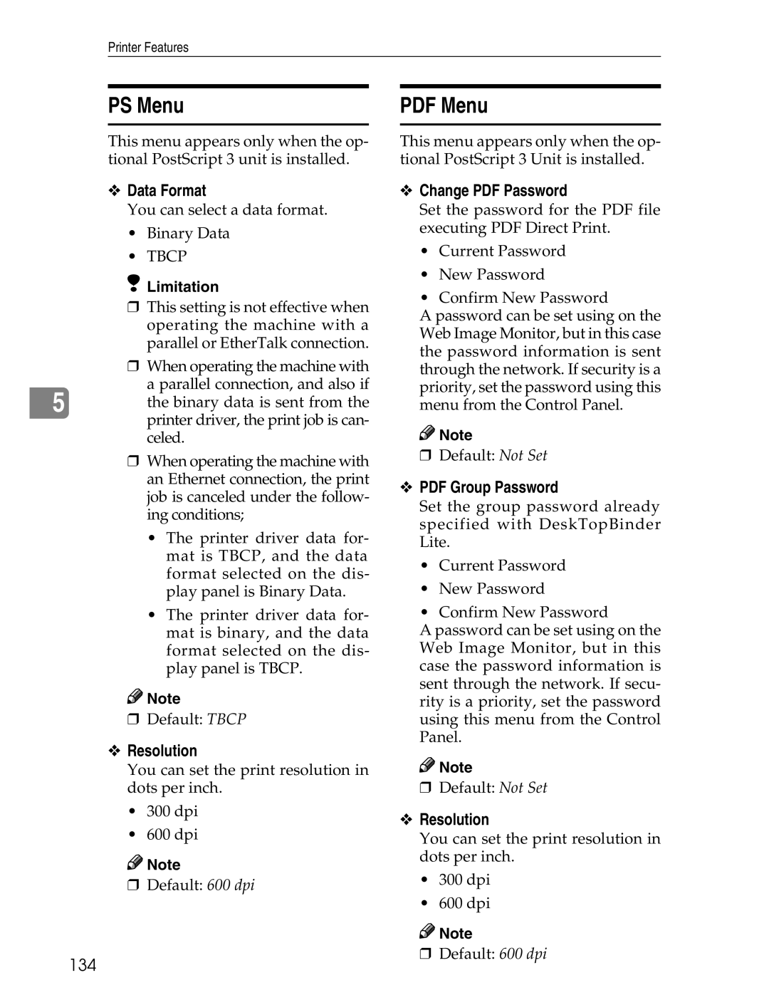 Ricoh 3045 appendix PS Menu, Data Format, 134 