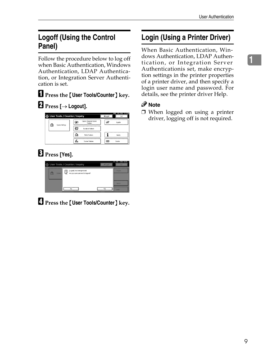 Ricoh 3045 Logoff Using the Control Panel, Login Using a Printer Driver, Press the User Tools/Counter key Press ο Logout 