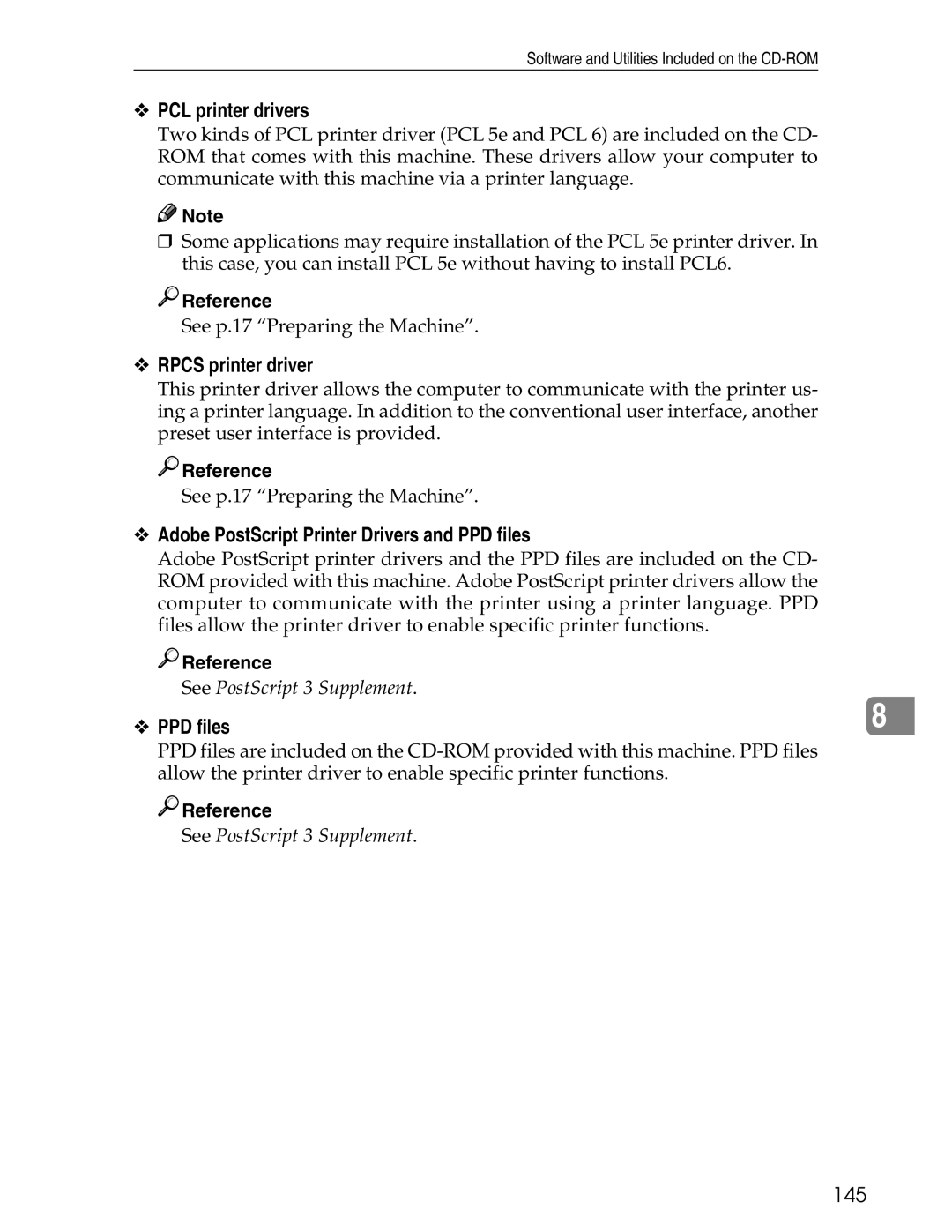 Ricoh 3045 appendix PCL printer drivers, Rpcs printer driver, Adobe PostScript Printer Drivers and PPD files, 145 