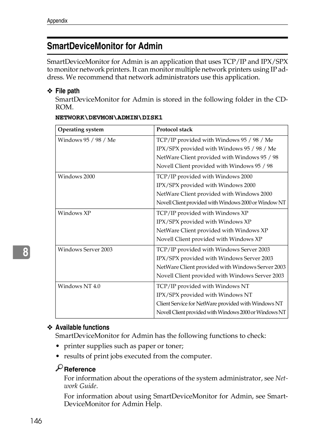 Ricoh 3045 appendix SmartDeviceMonitor for Admin, File path, Available functions, 146 