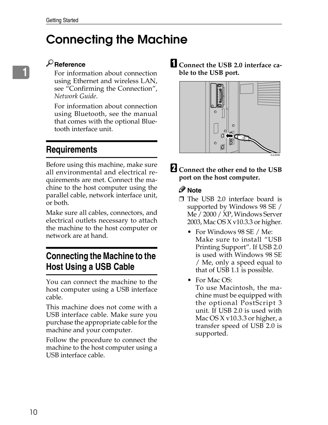 Ricoh 3045 appendix Connecting the Machine, Requirements, Connect the USB 2.0 interface ca- ble to the USB port 