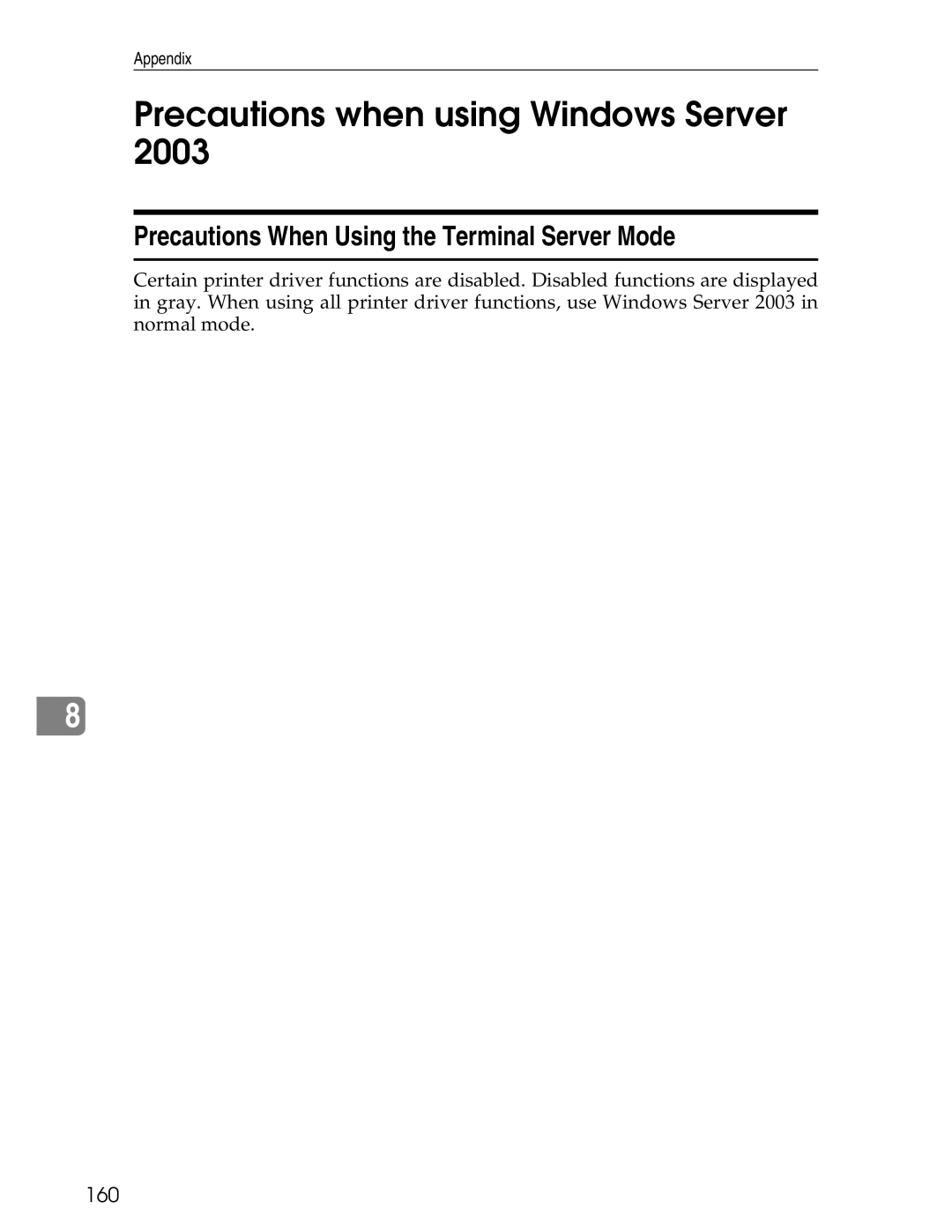 Ricoh 3045 appendix Precautions when using Windows Server, Precautions When Using the Terminal Server Mode, 160 