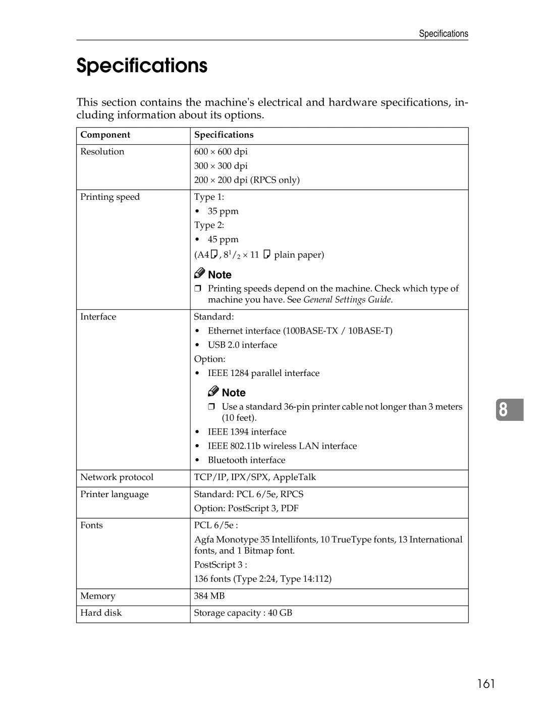 Ricoh 3045 appendix Specifications, 161 