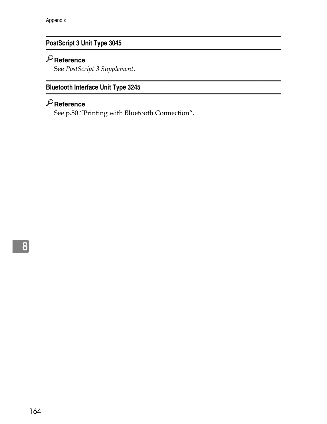 Ricoh 3045 appendix PostScript 3 Unit Type, Bluetooth Interface Unit Type, 164 