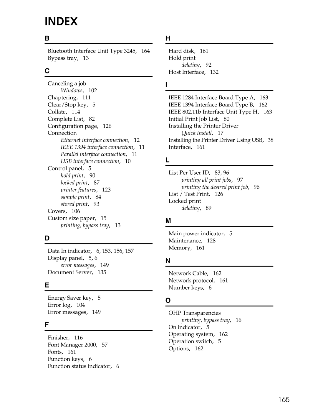 Ricoh 3045 appendix Index, 165 