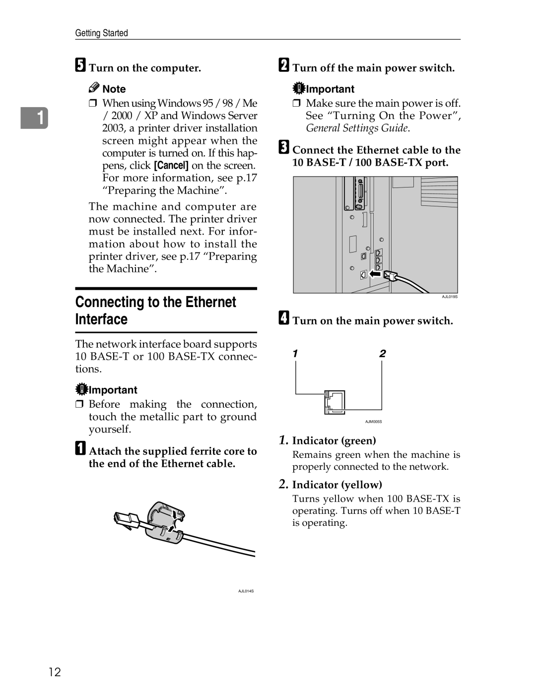 Ricoh 3045 Connecting to the Ethernet Interface, Turn on the computer Turn off the main power switch, Indicator green 