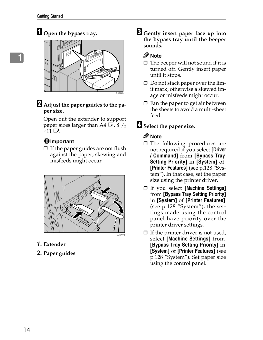 Ricoh 3045 appendix Open the bypass tray, Adjust the paper guides to the pa- per size, Select the paper size 