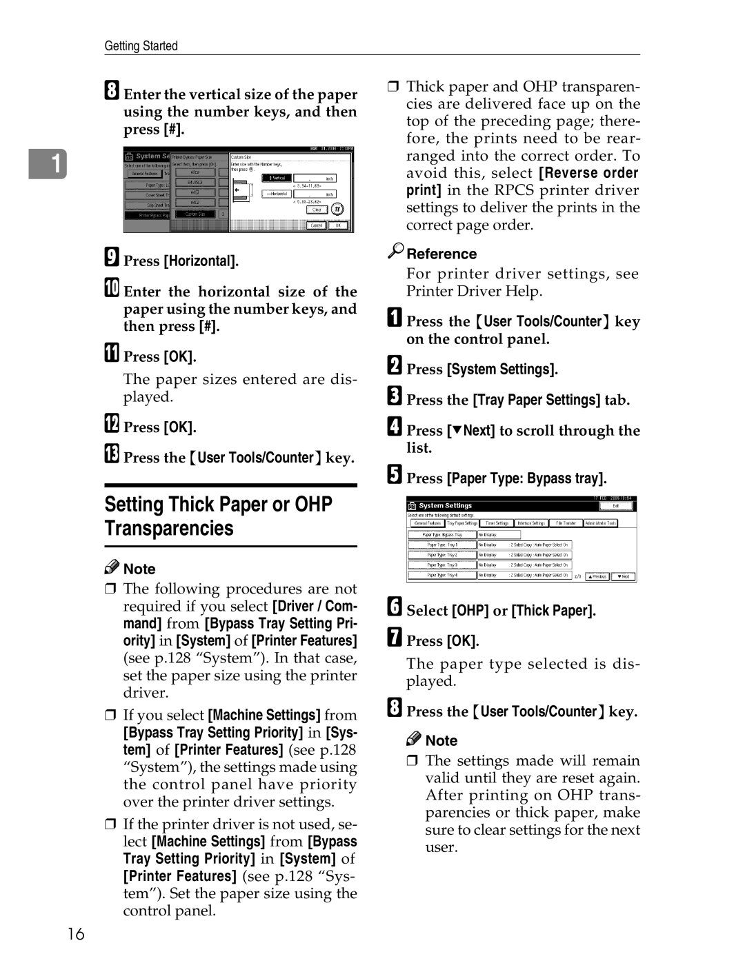 Ricoh 3045 appendix Setting Thick Paper or OHP Transparencies, Press Horizontal, Press Paper Type Bypass tray 