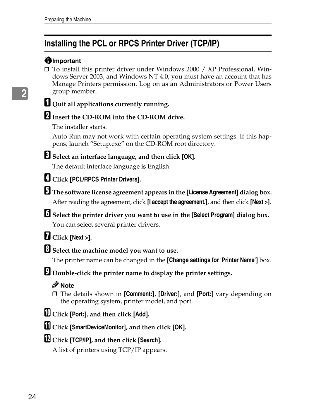 Ricoh 3045 appendix Installing the PCL or Rpcs Printer Driver TCP/IP, Click PCL/RPCS Printer Drivers, Click Next 