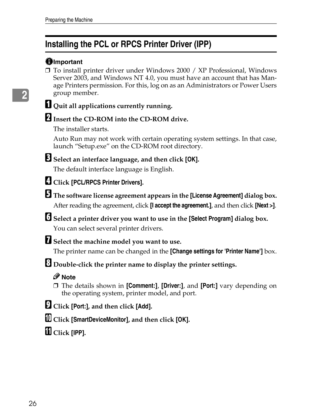 Ricoh 3045 appendix Installing the PCL or Rpcs Printer Driver IPP 