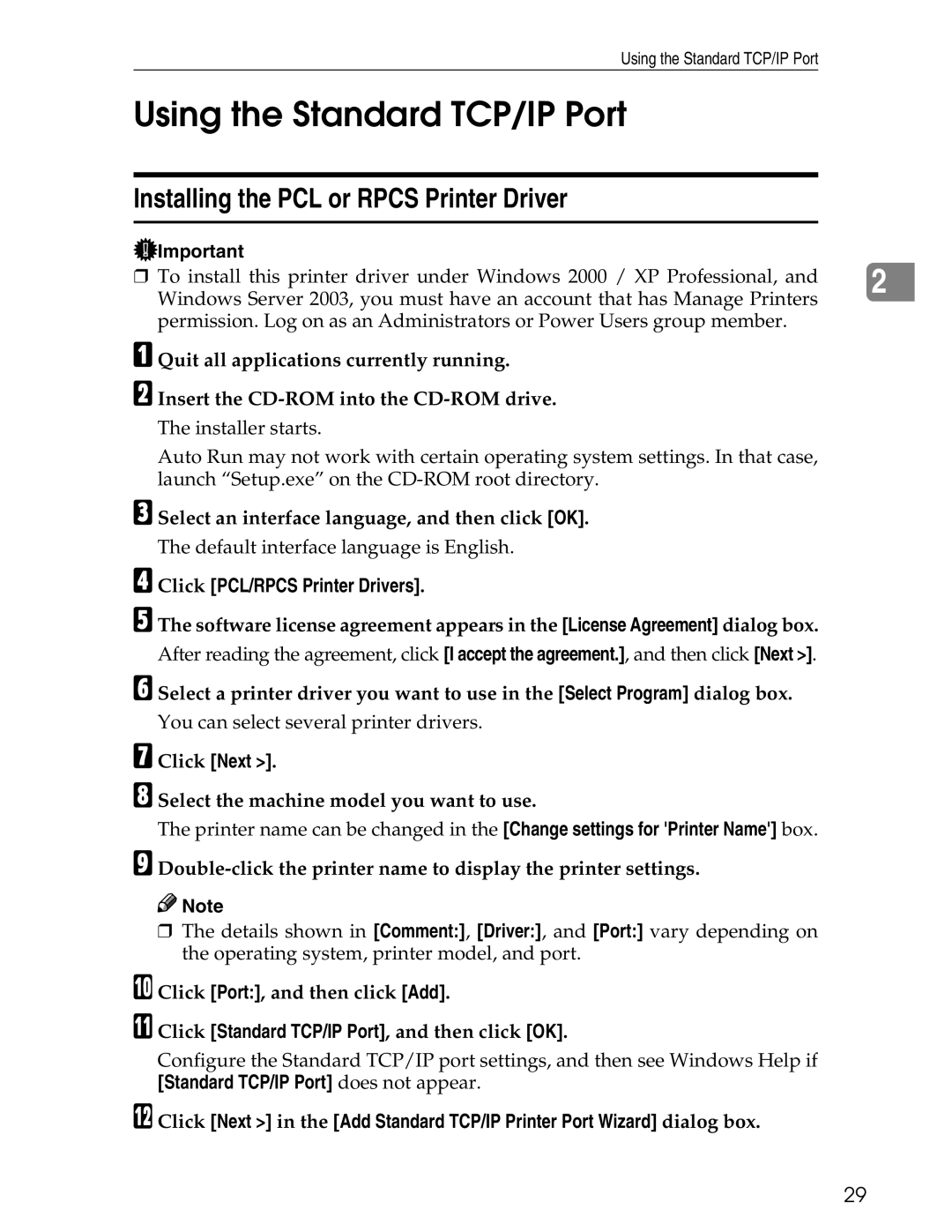 Ricoh 3045 Using the Standard TCP/IP Port, Installing the PCL or Rpcs Printer Driver, Click Port, and then click Add 