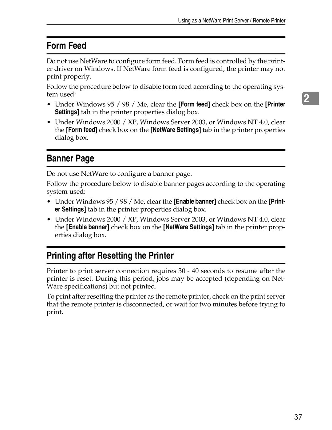 Ricoh 3045 appendix Form Feed, Banner, Printing after Resetting the Printer 