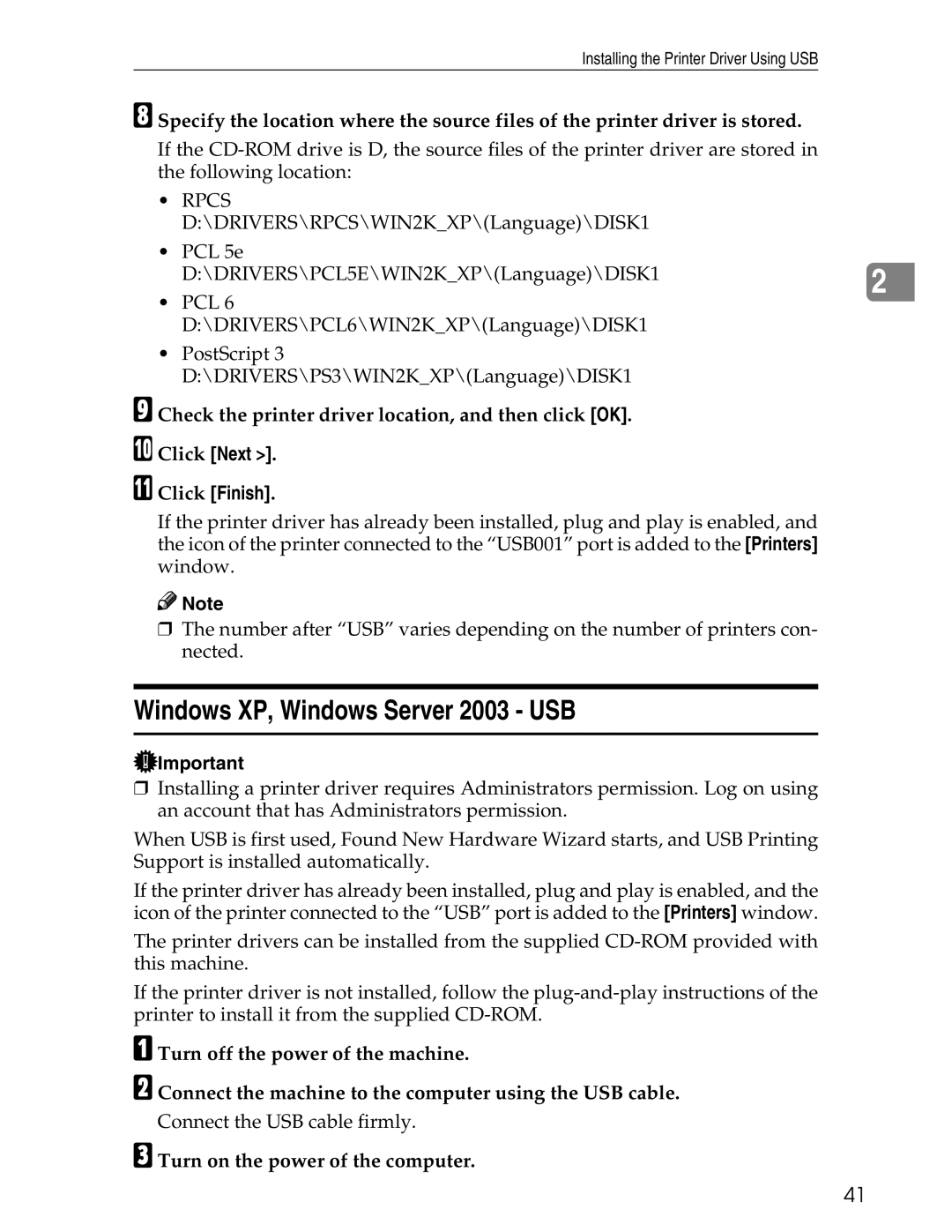 Ricoh 3045 appendix Windows XP, Windows Server 2003 USB, Check the printer driver location, and then click OK 