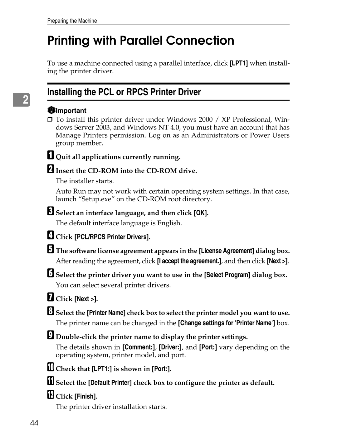 Ricoh 3045 appendix Printing with Parallel Connection, Installing the PCL or Rpcs Printer Driver 