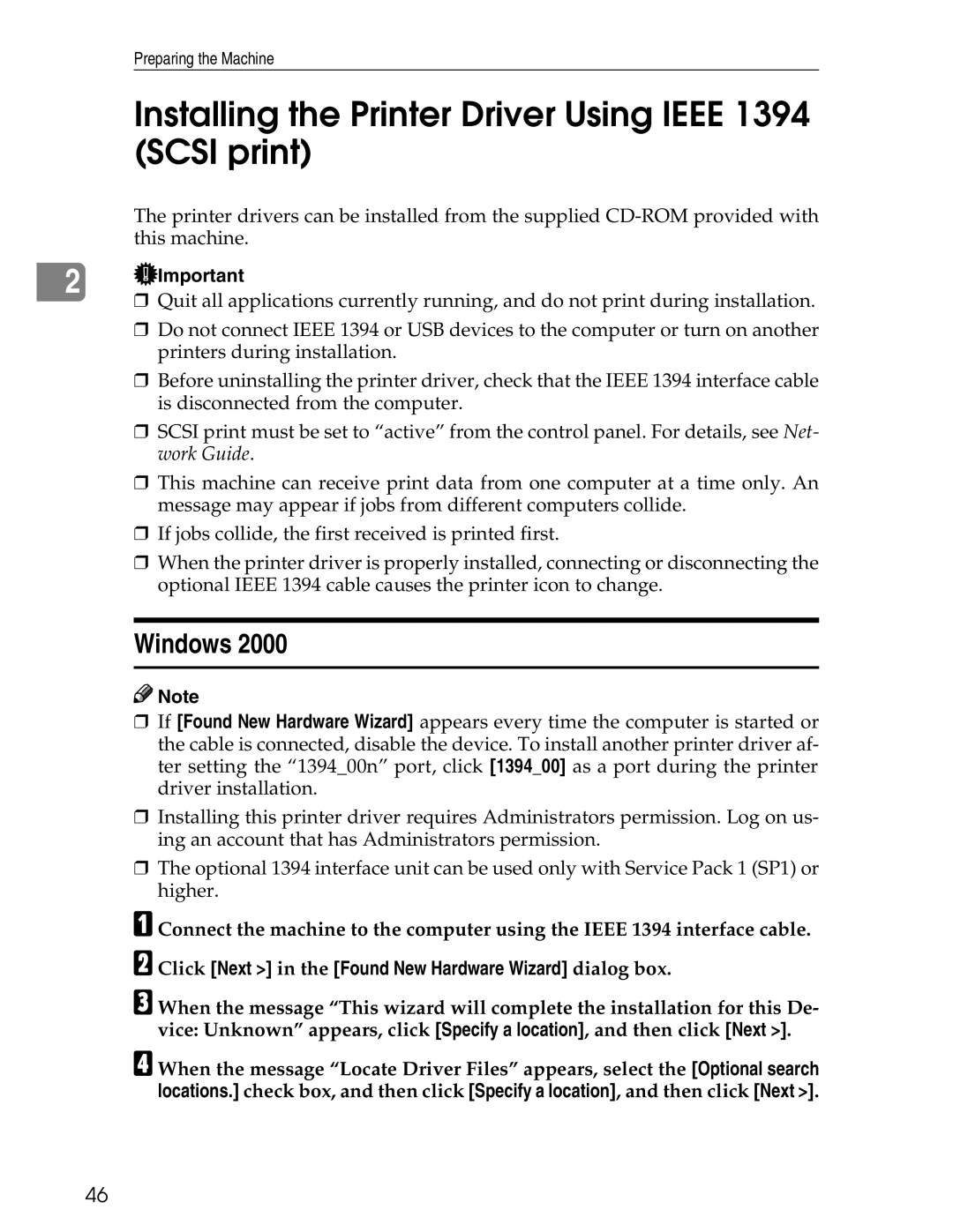 Ricoh 3045 appendix Installing the Printer Driver Using Ieee 1394 Scsi print, Windows 