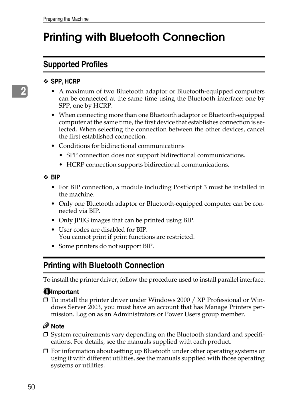 Ricoh 3045 appendix Printing with Bluetooth Connection, Supported Profiles 