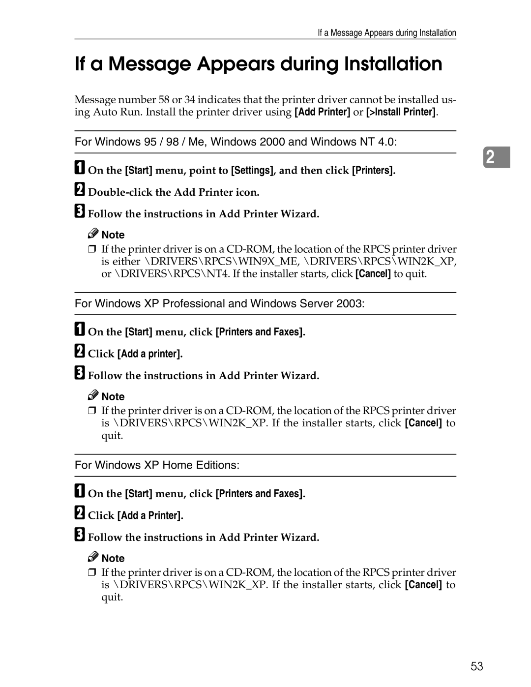 Ricoh 3045 appendix If a Message Appears during Installation, Follow the instructions in Add Printer Wizard 