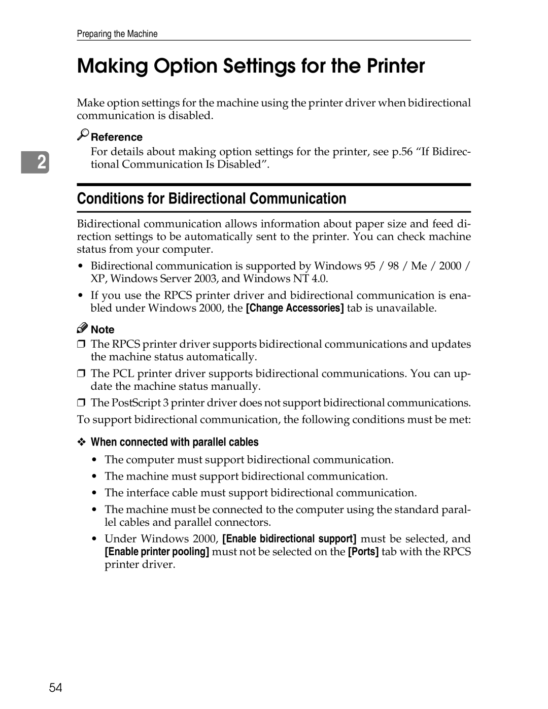 Ricoh 3045 appendix Making Option Settings for the Printer, Conditions for Bidirectional Communication 