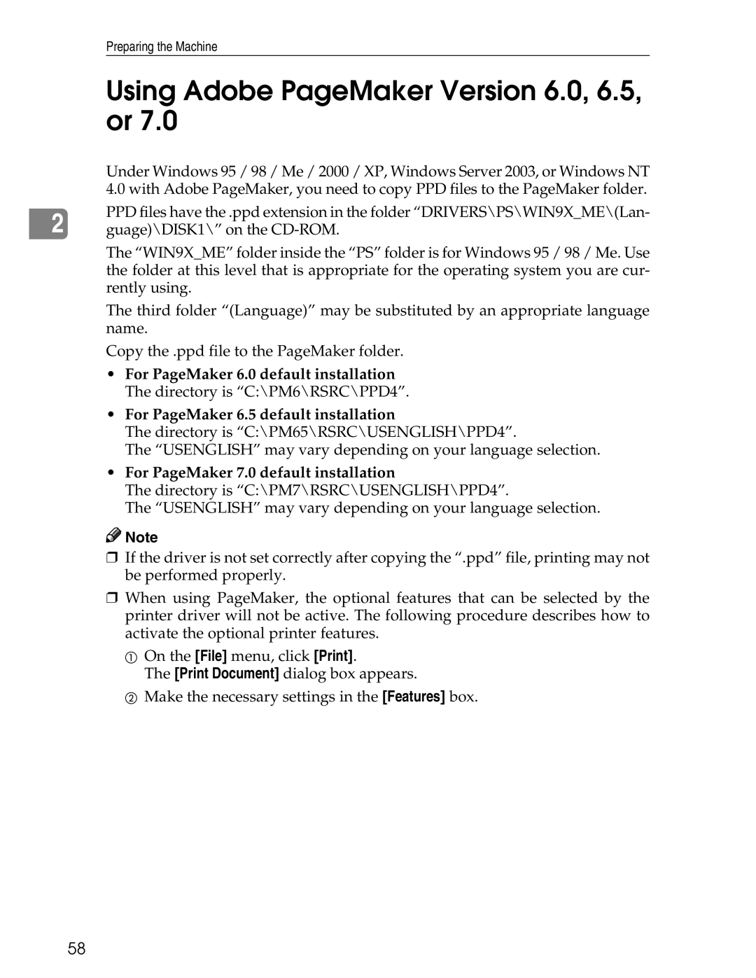 Ricoh 3045 appendix Using Adobe PageMaker Version 6.0, 6.5, or, For PageMaker 7.0 default installation 