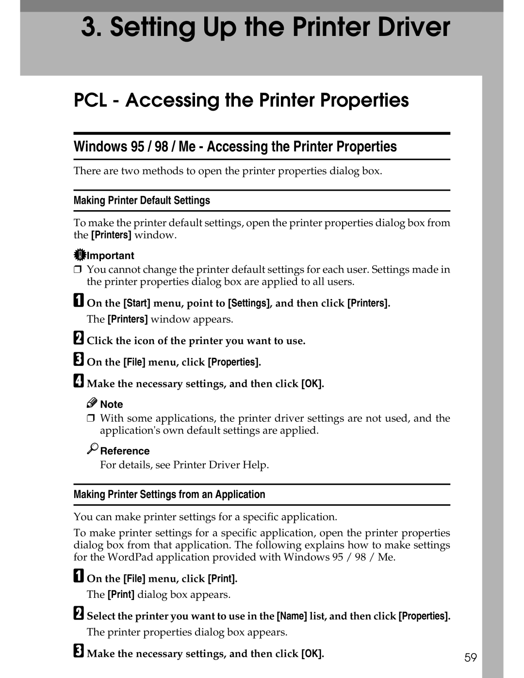 Ricoh 3045 appendix PCL Accessing the Printer Properties, Windows 95 / 98 / Me Accessing the Printer Properties 