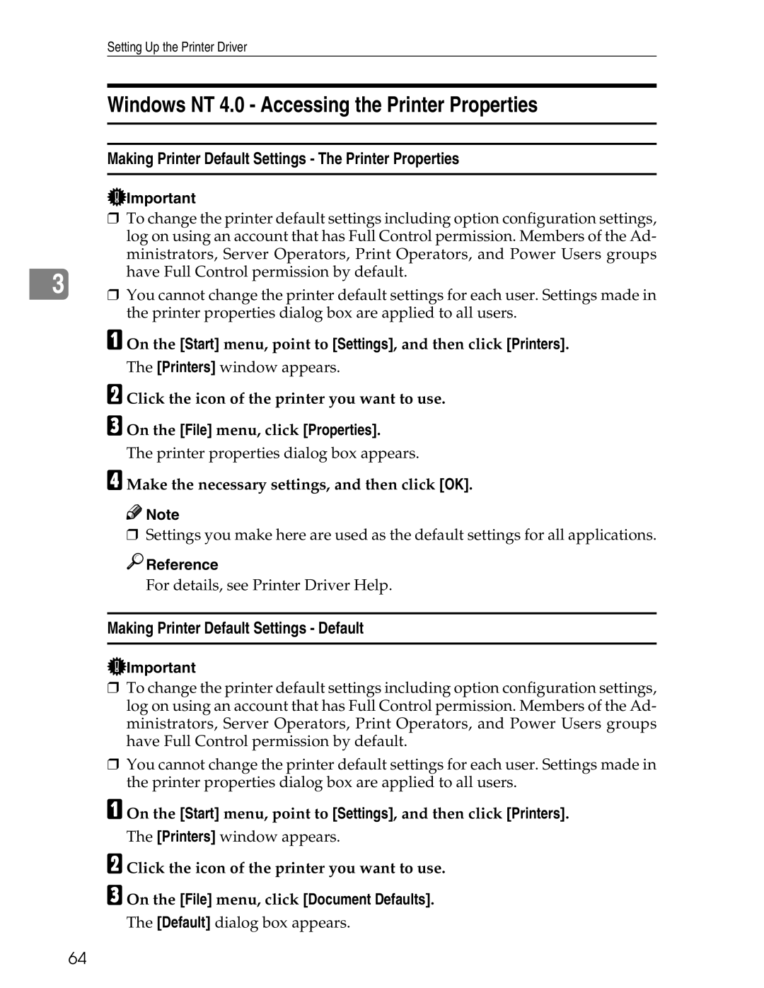 Ricoh 3045 appendix Windows NT 4.0 Accessing the Printer Properties, Making Printer Default Settings Default 