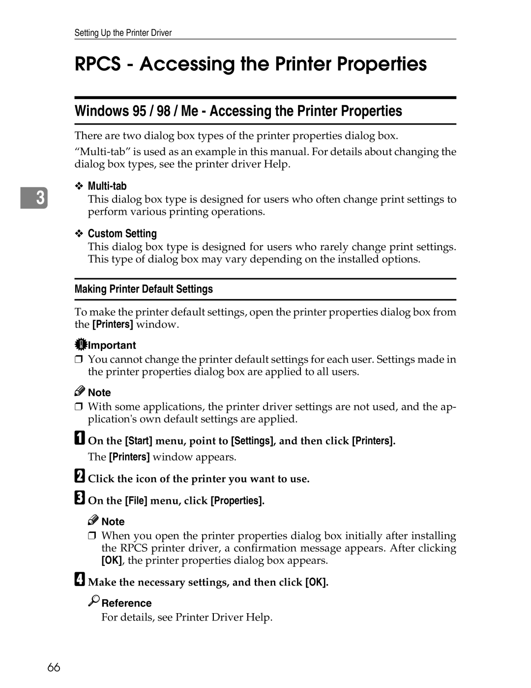 Ricoh 3045 appendix Rpcs Accessing the Printer Properties, Multi-tab, Custom Setting 