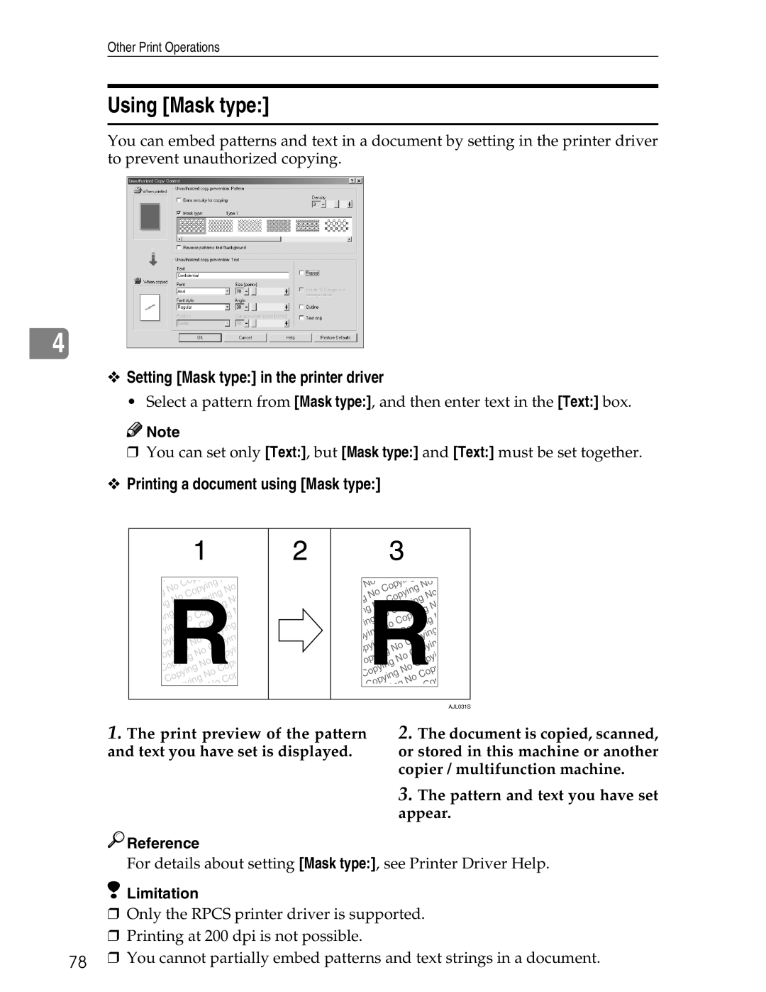 Ricoh 3045 appendix Using Mask type, Setting Mask type in the printer driver, Printing a document using Mask type 