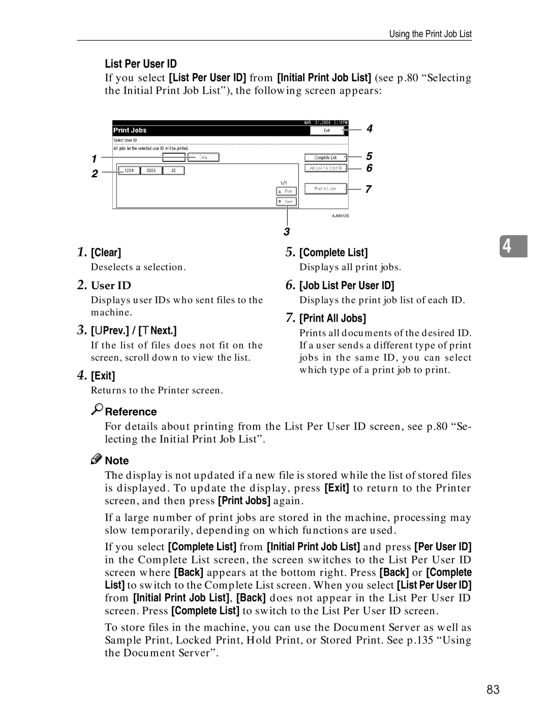 Ricoh 3045 appendix Clear Complete List, Job List Per User ID, Print All Jobs 