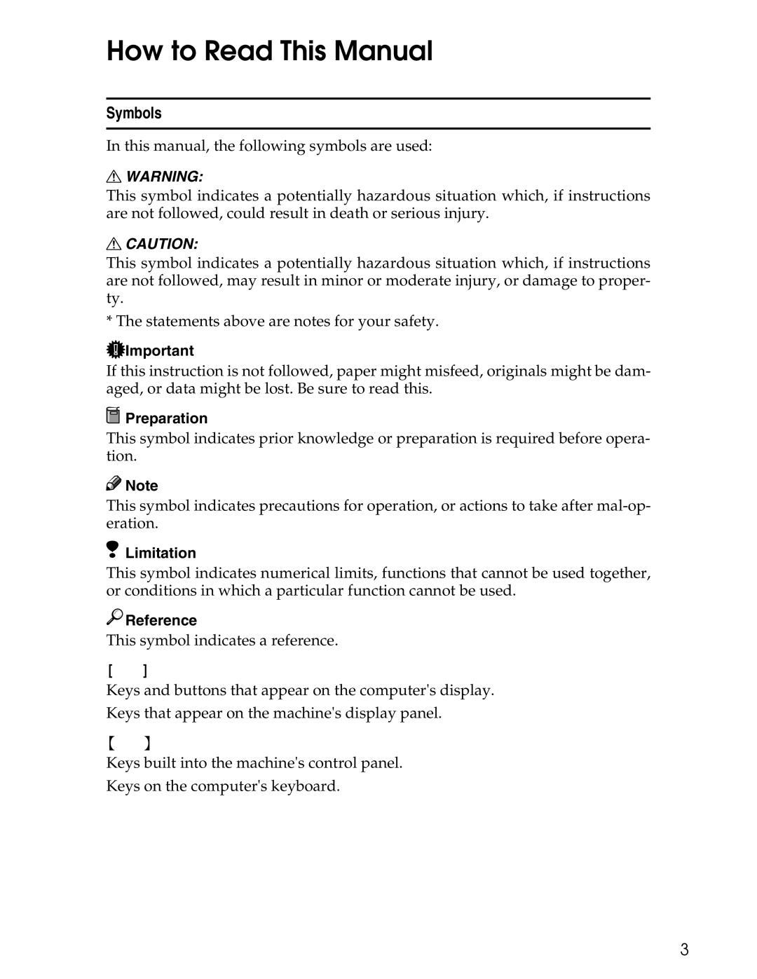 Ricoh 3045 appendix How to Read This Manual, Symbols 