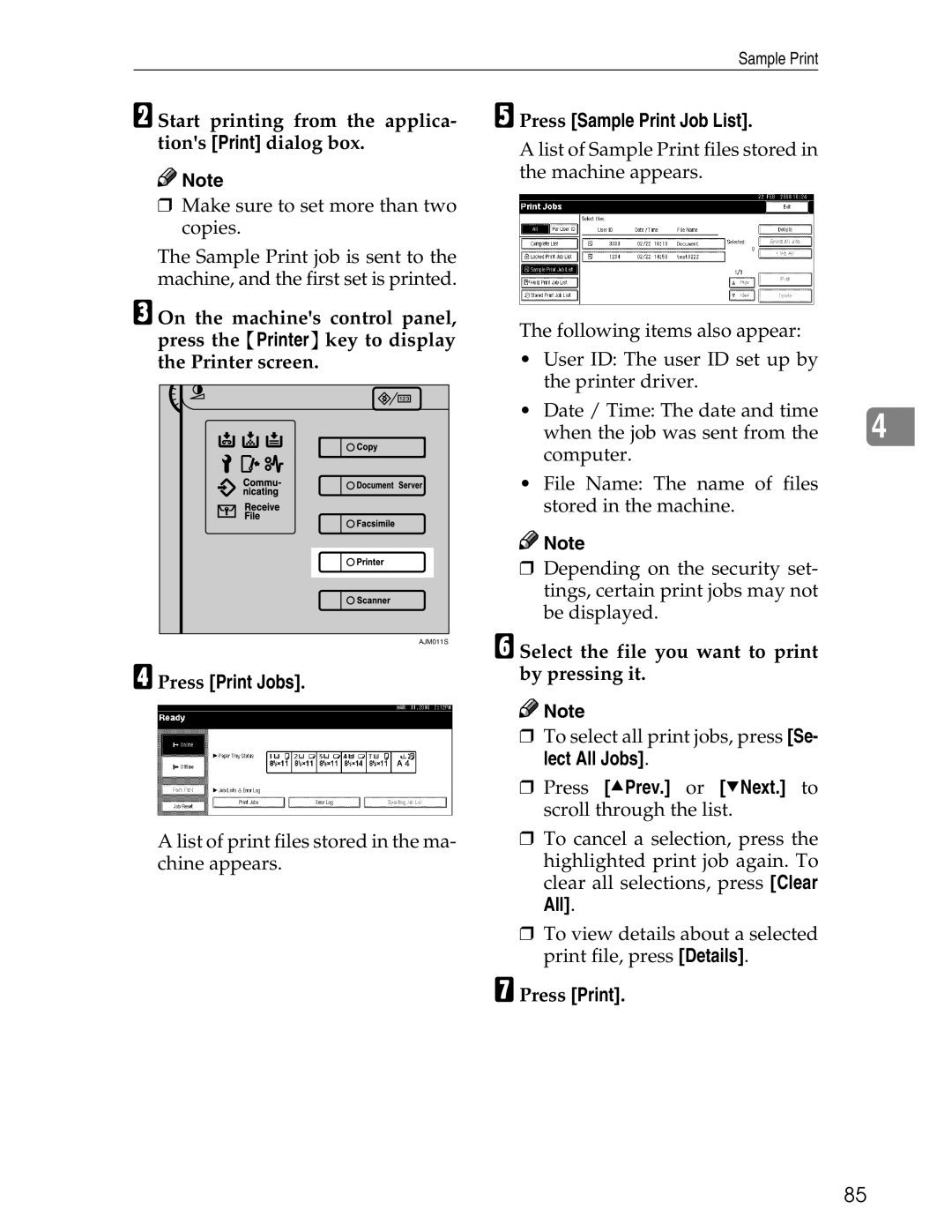 Ricoh 3045 appendix Start printing from the applica- tions Print dialog box, Press Sample Print Job List, Press Print 