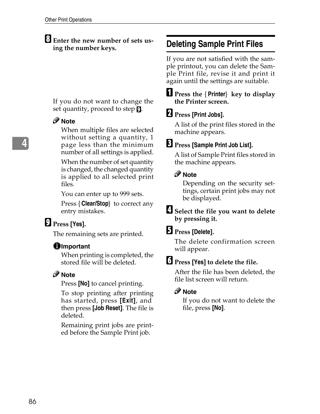 Ricoh 3045 appendix Deleting Sample Print Files, Press Delete 