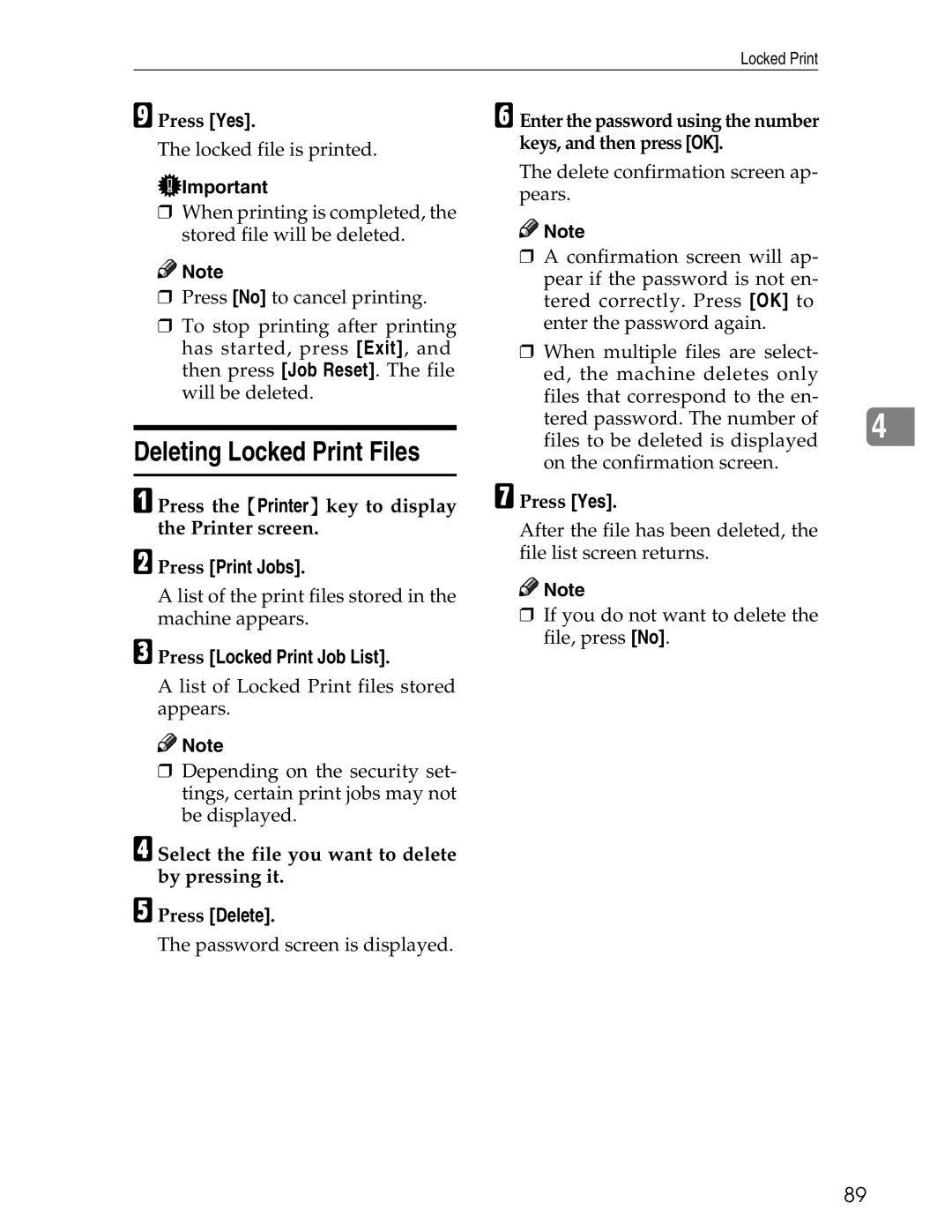 Ricoh 3045 appendix Deleting Locked Print Files, Press Yes 