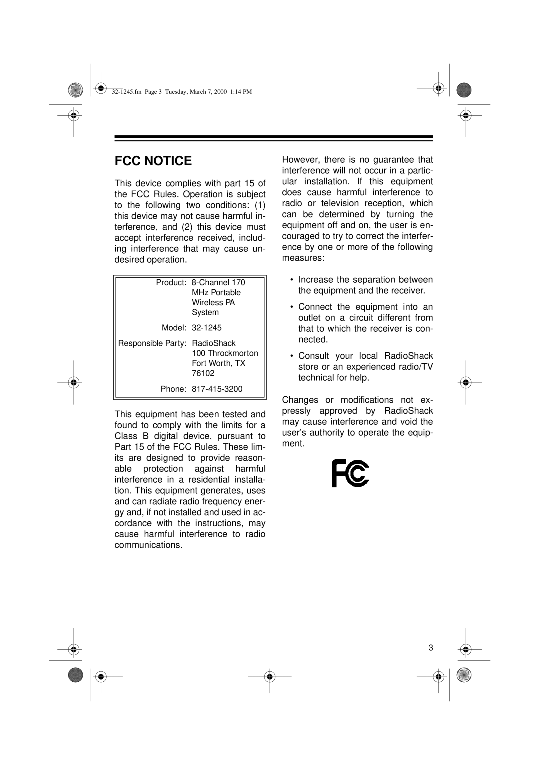 Ricoh 32-1245 owner manual FCC Notice 