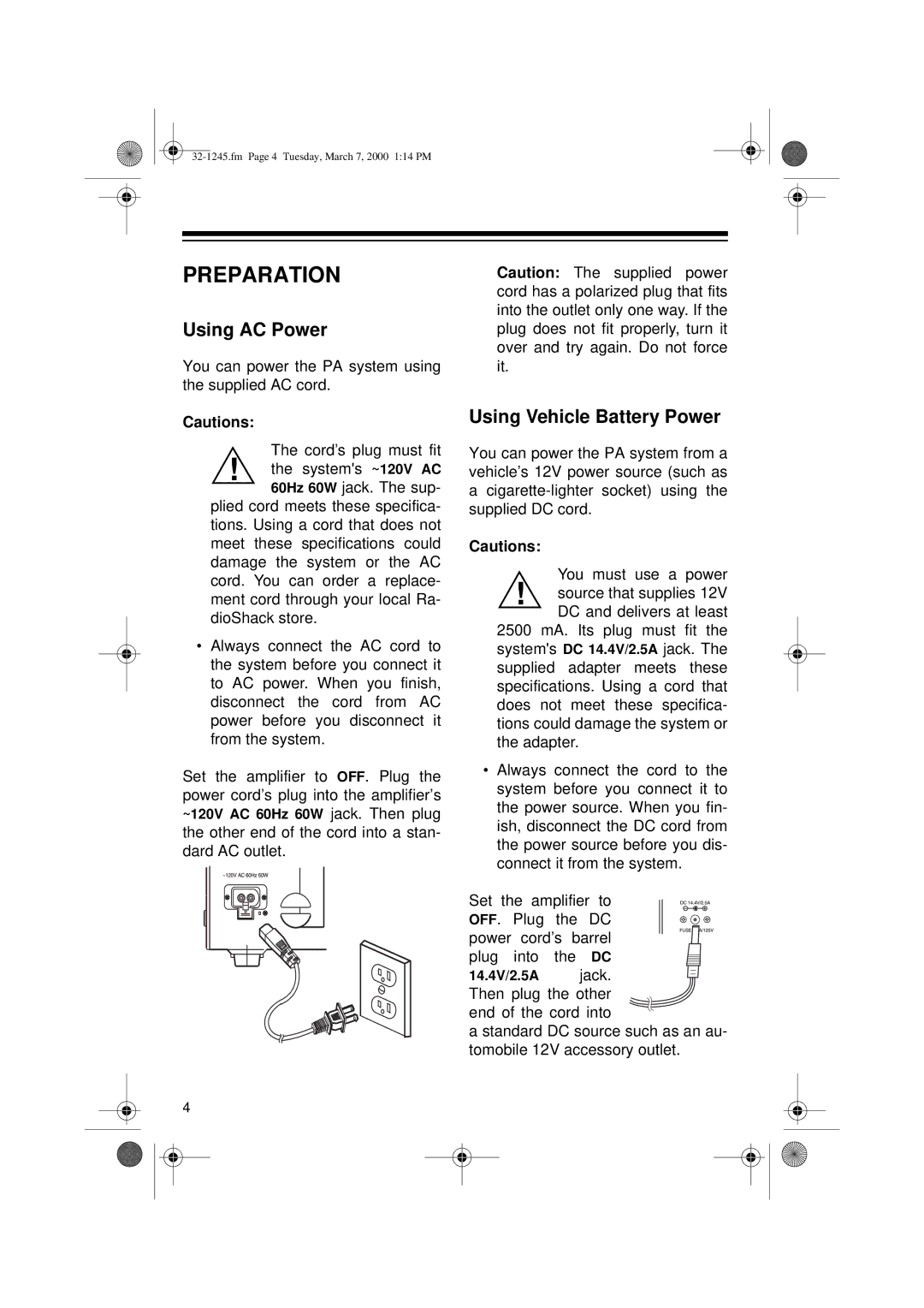 Ricoh 32-1245 owner manual Preparation, Using AC Power, Using Vehicle Battery Power 