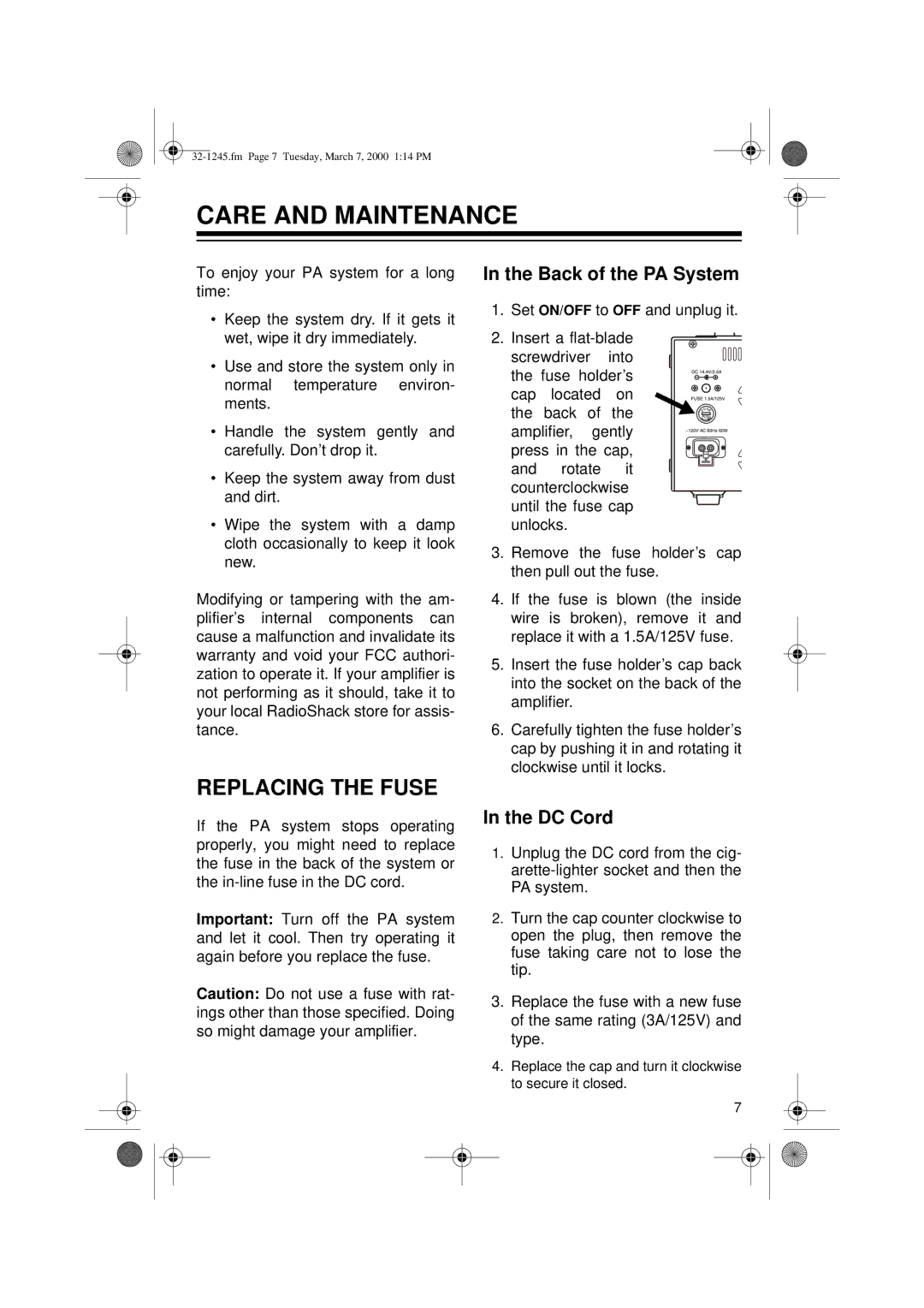 Ricoh 32-1245 owner manual Care and Maintenance, Replacing the Fuse, Back of the PA System, DC Cord 